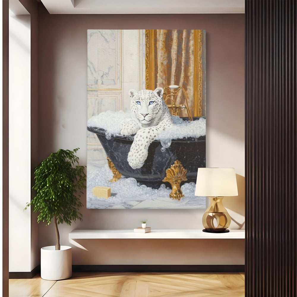 Tablou canvas cu tablou canvas cu leopard alb in cada, fara rama, pe sasiu de lemn
